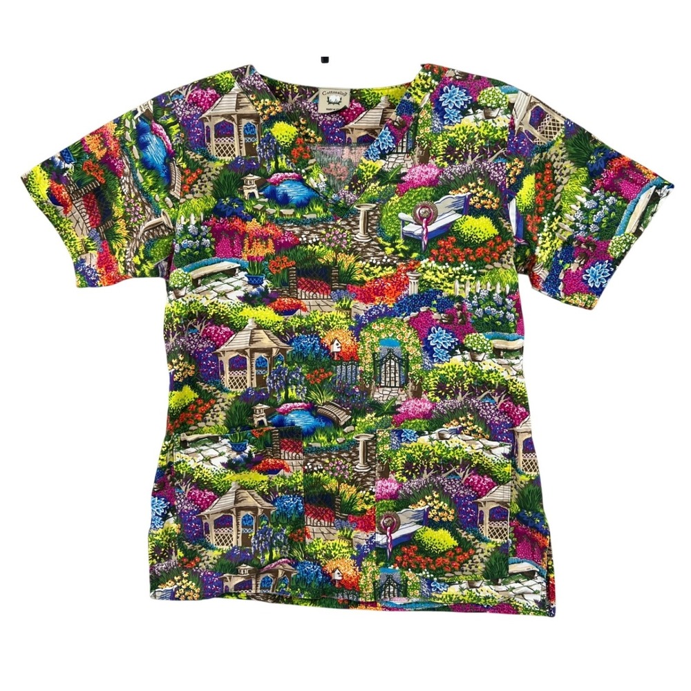 Vintage Cottonality Garden Print Scrub Top Size M Floral Landscape Cottagecore